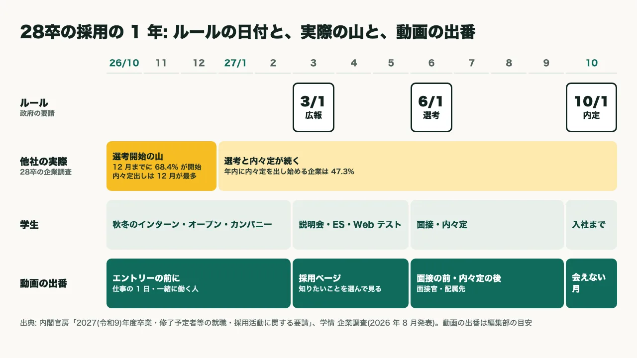 2026 年 10 月から 2027 年 10 月までの年表。上の段に政府のルール(3 月 1 日広報、6 月 1 日選考、10 月 1 日内定)、中の段に他社の実際(10〜12 月に選考開始の山、内々定出しも 12 月が最多)、下の段に動画を使う時期